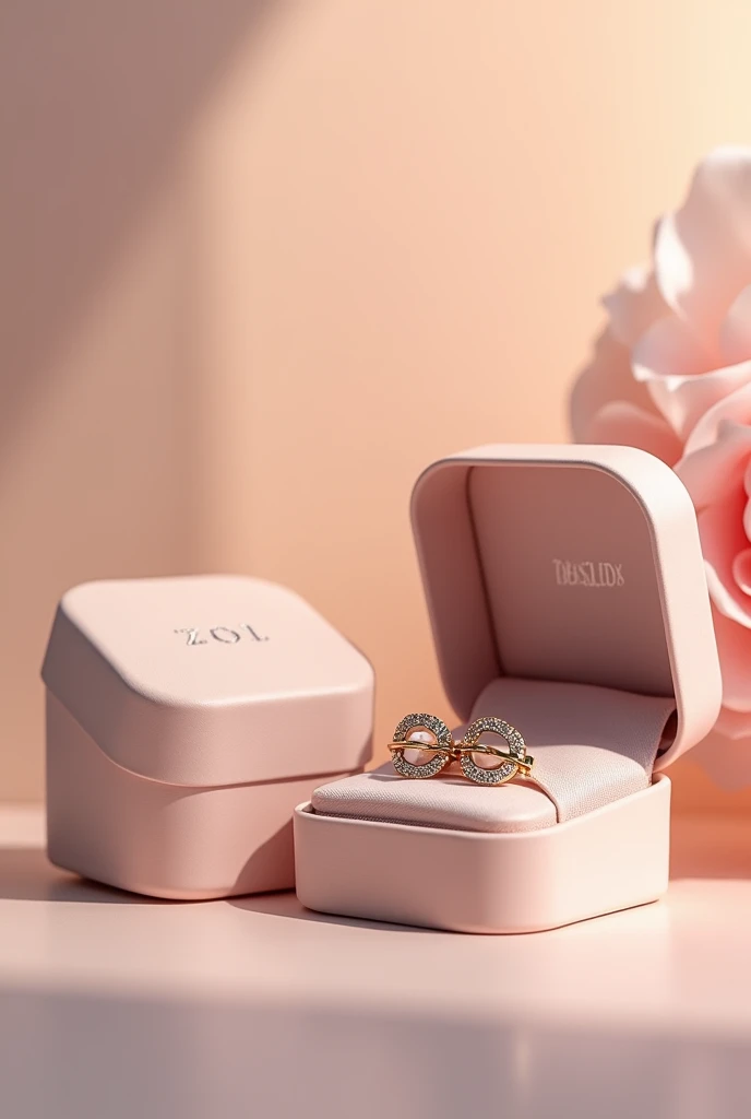 Create two earring boxes in plain pastel gold color closed and open with chain inside with the name ZOE with serif font