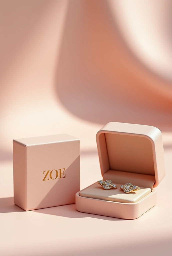 Create two earring boxes in plain pastel gold color closed and open with chain inside with the name ZOE with serif font