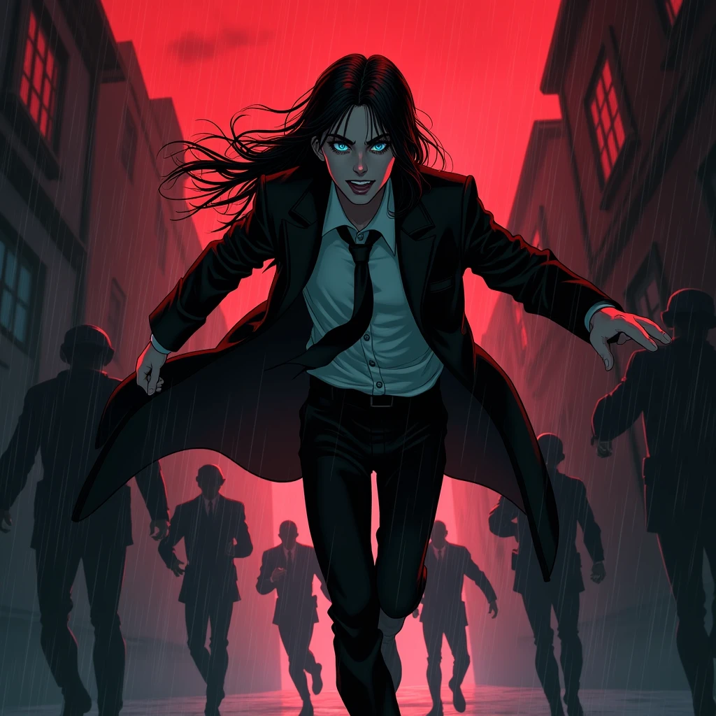A young sexy male with delicate facial features, long black hair, teal blue eyes, long eyelashes, and gothic black and red clothes. He's a long-wanted serial killer. ((((scary)))) Blood. malicious, insane expression. No facial or body hair. Anime. ((((((((Male, boy)))))))) (Horror) BITCH, MAKE IT MALE. Cops are trying to catch after him. Running. Raining. Vampire. Dark. Red highlights. Red sky. Mysterious. Midnight. Cartoon. Polices running after him. Smirking. Bloody.