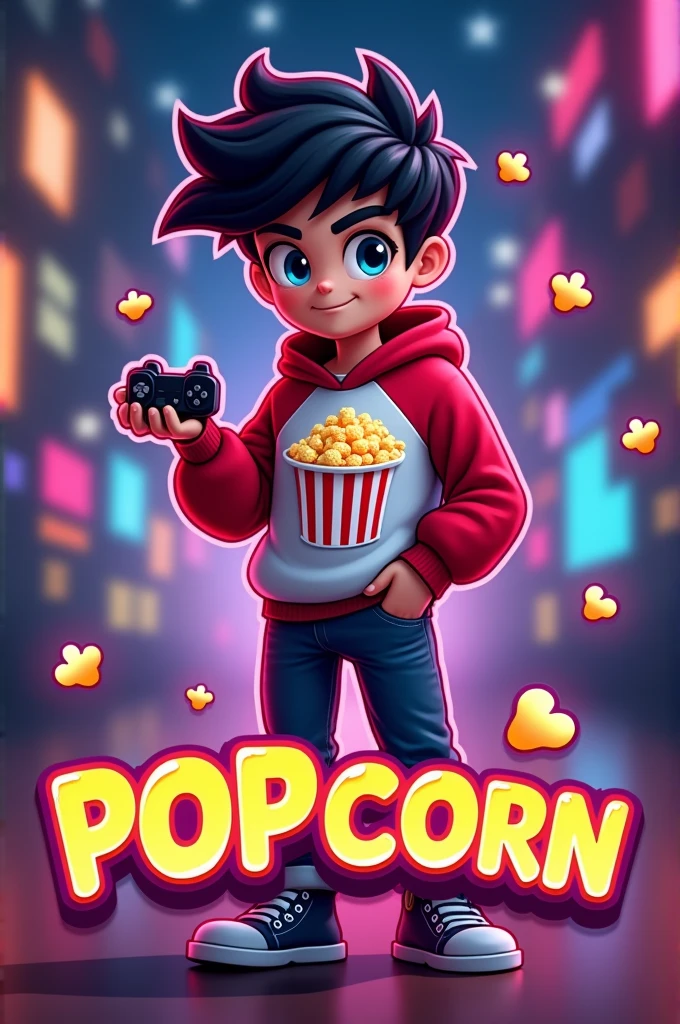 Create a mascot logo where the mascot is a gamer boy with black hair and a red and white sweatshirt with a popcorn design and underneath it have the letters of "popcorn"