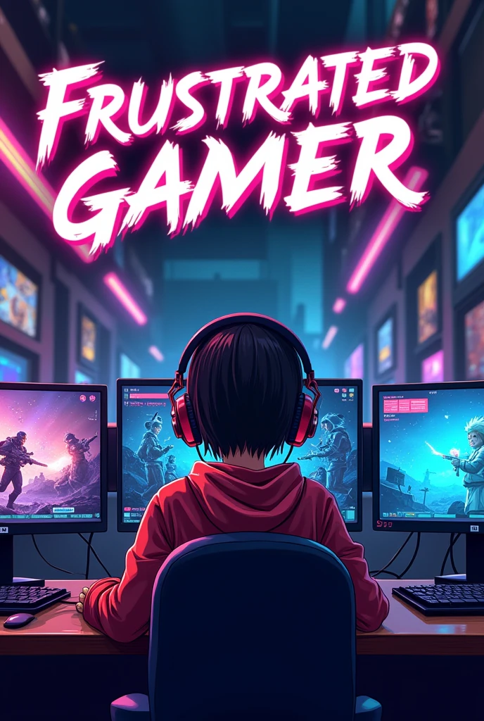 Frustrated Gamer logo consisting letters frustrated Gamer that gives an aesthetic look and consist one anime character and picture in cyber cafè