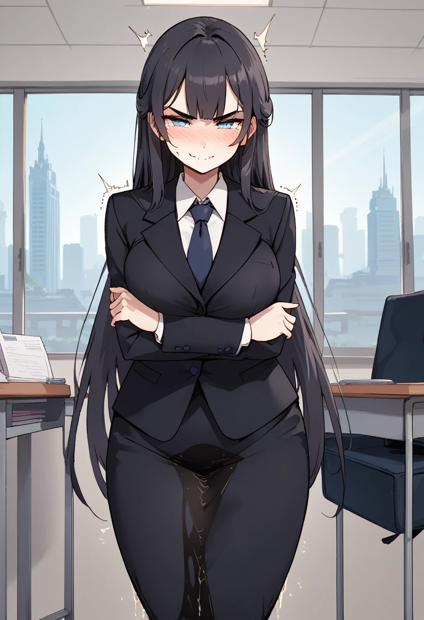 1girl, woman, (wetting self:1.75), desperation, (very long hair:1.5), straight hair, very long bangs, huge breasts, black hair, blue eyes, (black business suit:1.5), necktie, pencil skirt, pantyhose, (blushing:1.5), aroused, orgasm, (smirk:1.5), (wavy mouth:1.25), (tears:1.25), (trembling:1.5), (arms crossed:1.5), indoors, office, window, cityscape