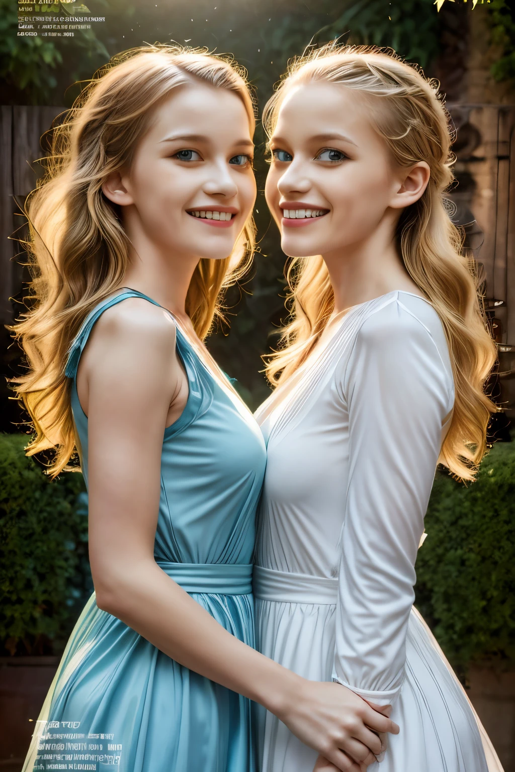 A mother and daughter yellow hair blue eyes on a magazine cover, vibrant colors, high-resolution, realistic portrayal, fashion-forward, loving bond, trendy attire, captivating smiles, natural beauty, professional lighting, contemporary style, artistic composition
