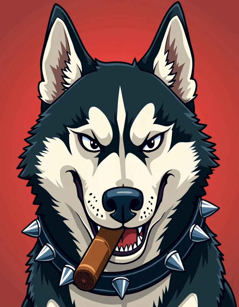 me high resolution, siberian husky, dog face, with teeth on a collar, ears up, teeth visible, cigar in mouth, angry, black and white, cartoon,