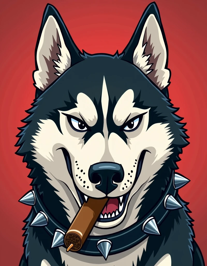me high resolution, siberian husky, dog face, with teeth on a collar, ears up, teeth visible, cigar in mouth, angry, black and white, cartoon,