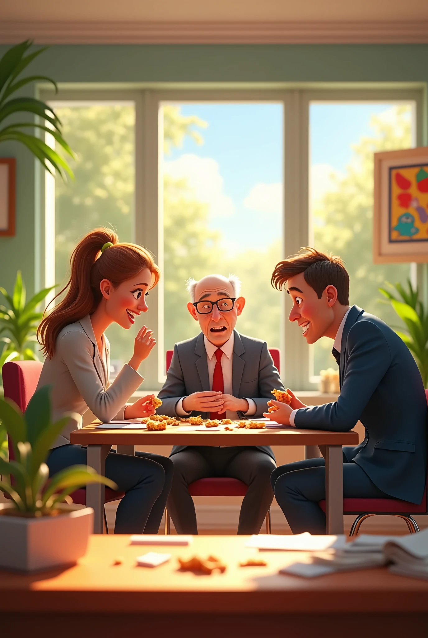 Hyper realistic, colorful Pixar style image of scene of 3D cartoon style of scene of dad wearing jeans and professional clothes and mom and a an old man wearing professional clothes sitting at his office, their face expression are hungry