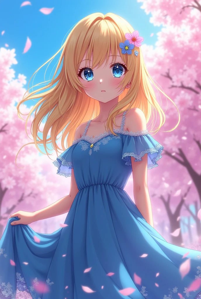 A blonde with hair that reaches her shoulders, beautiful blue-eyed girl. she wears a blue dress. Create in anime style and with a full body