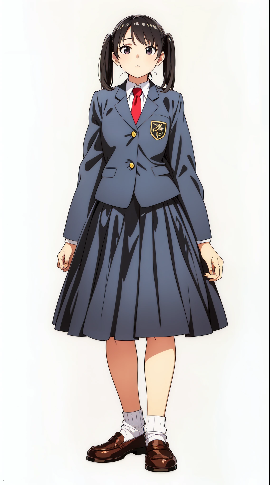 (white background:1.0), (best quality:1.0), (masterpiece:1.0), (super fine illustration:1.0), (beautiful artwork:1.0), (anime screencap:1.0), (official art:1.0), (full body:1.0), (solo:1.0), (a cute girl:1.0), (long skirt:1.0), (dark blue skirt:1.0), (pleated skirt:1.0), (school uniform dark blue blazer:1.0), (red necktie:1.0), (black loafers:1.0), (white socks:1.0), (ideal ratio body proportions:1.0), (lanky:1.0), (tall:1.0), (slender:1.0), (small brea), (smaller face:1.0), (detailed beautiful eyes:1.0), (detailed beautiful face:1.0), (glowing black eyes:1.0), (short hair:1.0), (twin tails:1.0), (swept bangs:1.0), (black hair:1.0), (standing:1.0), (looking at viewer:1.0)
