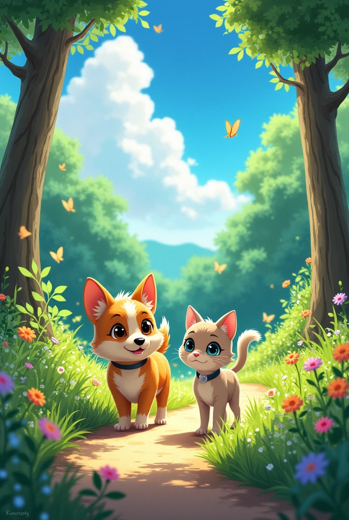 The dog and the cat are walking on the forest path, but they look like anime characters, but they are not anime characters.