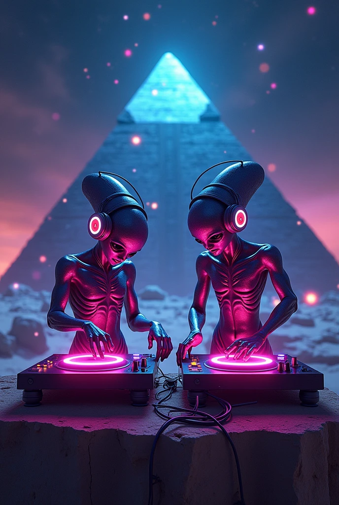 two aliens with headphones playing music at a show on top of a pyramid with neon lights