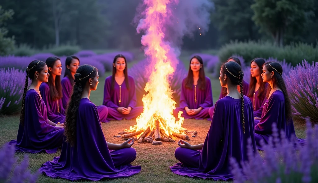 a dozen white, black, Indian women with exquisite violet velvet cloaks with golden threads of priestesses, and the arrangement of golden threads in the head, sitting around a very high bonfire meditating on the violet fire, In the lavender garden, convey depth, many plants, tall crystals,