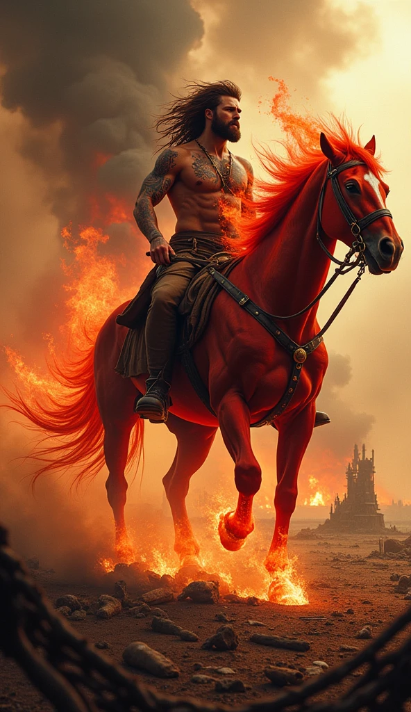 Close-up of the second Horseman of the Apocalypse, representing War. He rides a fierce red horse, holding a blood-stained sword high in the air. His face is stern, with fiery eyes filled with rage and a battlefield reflected in them. The ground beneath his horse is littered with fallen soldiers, weapons, and burning buildings, with smoke rising into the darkened sky.