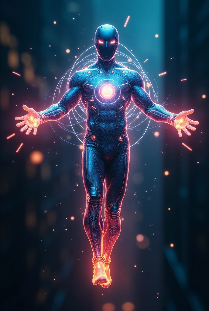 {
"size": "1024x1024",
"prompt": "A futuristic and sleek superhero named Electron is shown with an energetic and vibrant appearance, wearing a suit with glowing circuitry patterns. He is levitating in mid-air, using his hands to create a bright, holographic diagram that illustrates atoms with their electron layers. The diagram consists of concentric circles around a glowing central nucleus, with small orbs representing electrons orbiting in precise layers. The background is dark and slightly blurred, drawing attention to Electron and his colorful, detailed visualization of atomic structure, emphasizing his role as an educator and master of energy."
}