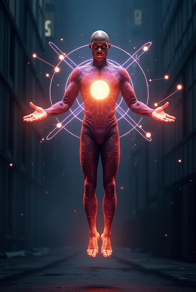 {
"size": "1024x1024",
"prompt": "A futuristic and sleek superhero named Electron is shown with an energetic and vibrant appearance, wearing a suit with glowing circuitry patterns. He is levitating in mid-air, using his hands to create a bright, holographic diagram that illustrates atoms with their electron layers. The diagram consists of concentric circles around a glowing central nucleus, with small orbs representing electrons orbiting in precise layers. The background is dark and slightly blurred, drawing attention to Electron and his colorful, detailed visualization of atomic structure, emphasizing his role as an educator and master of energy."
}