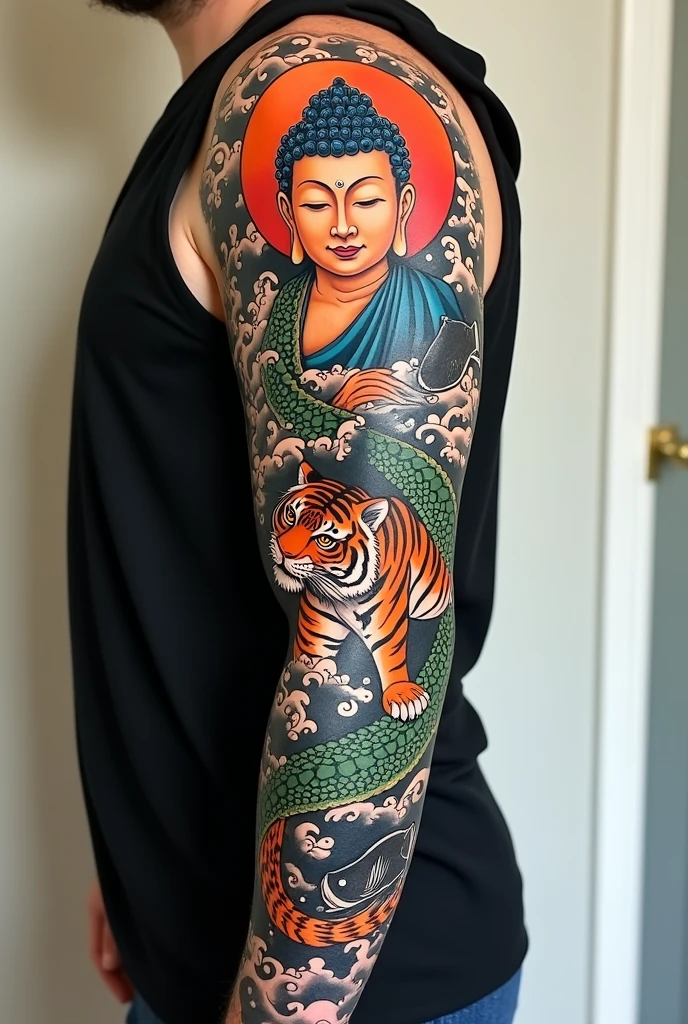 I am looking for a full sleeve design that has a Buddha with a green dragon on the outside of the arm in the upper part of the arm, on the inside a Bengal tiger, on the outside of the arm a black koi fish, on the inside of the forearm a chubby, smiling okame, I am looking for a background with waves or clouds corresponding to the traditional Japanese style, I just want the Buddha to have color, The dragon and the tiger, everything else in black, I am looking for a design with the characteristics of traditional Japanese illustration, as well as an impressive design to the eye.