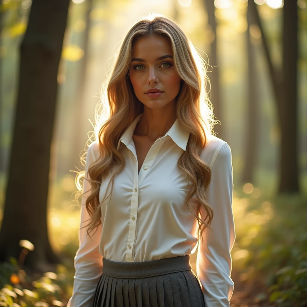 1 girl,medium , b cup breast, Warm lights、It looks cold outside the windowhe looks like japaneese and african ,almond-shaped eyes, full lips, big eyes, full lips, almond-shaped eyes, full lips, and prominent cheekbones, slim waist, fit body, wearing collared white shirt and pleated grey miniskirt, wavy long blonde hair, long blond cut hair, symmetrical green eyes, symmetrical face, photorealistic, photography, path tracing, specular lighting, volumetric face light, path traced hairmaximum quality{(masutepiece) (8K High Resolution) (top-quality) , woman in a dreamy forest at night, with fluffy hair, delicate face, realistic, real, slim, large aperture, sexy shots, attractive poses, Instagram model, wearing white yoga pants and gray top, tight yoga pants, long pants, cropped shirt, open navel, short sleeves, tight shirt, gray top, facing to the audience
