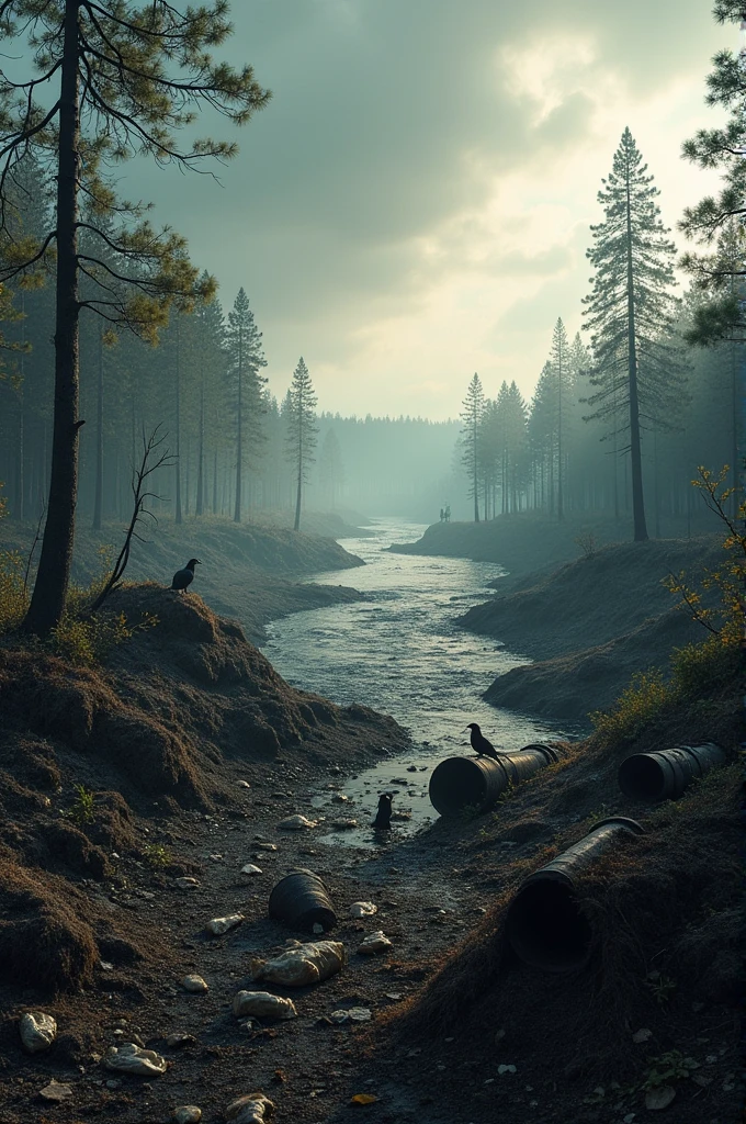Create an image that represents the consequences of indiscriminate pollution and deforestation 