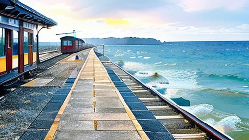 The platform of an old, small station、Train departure and arrival points、Running on the sea