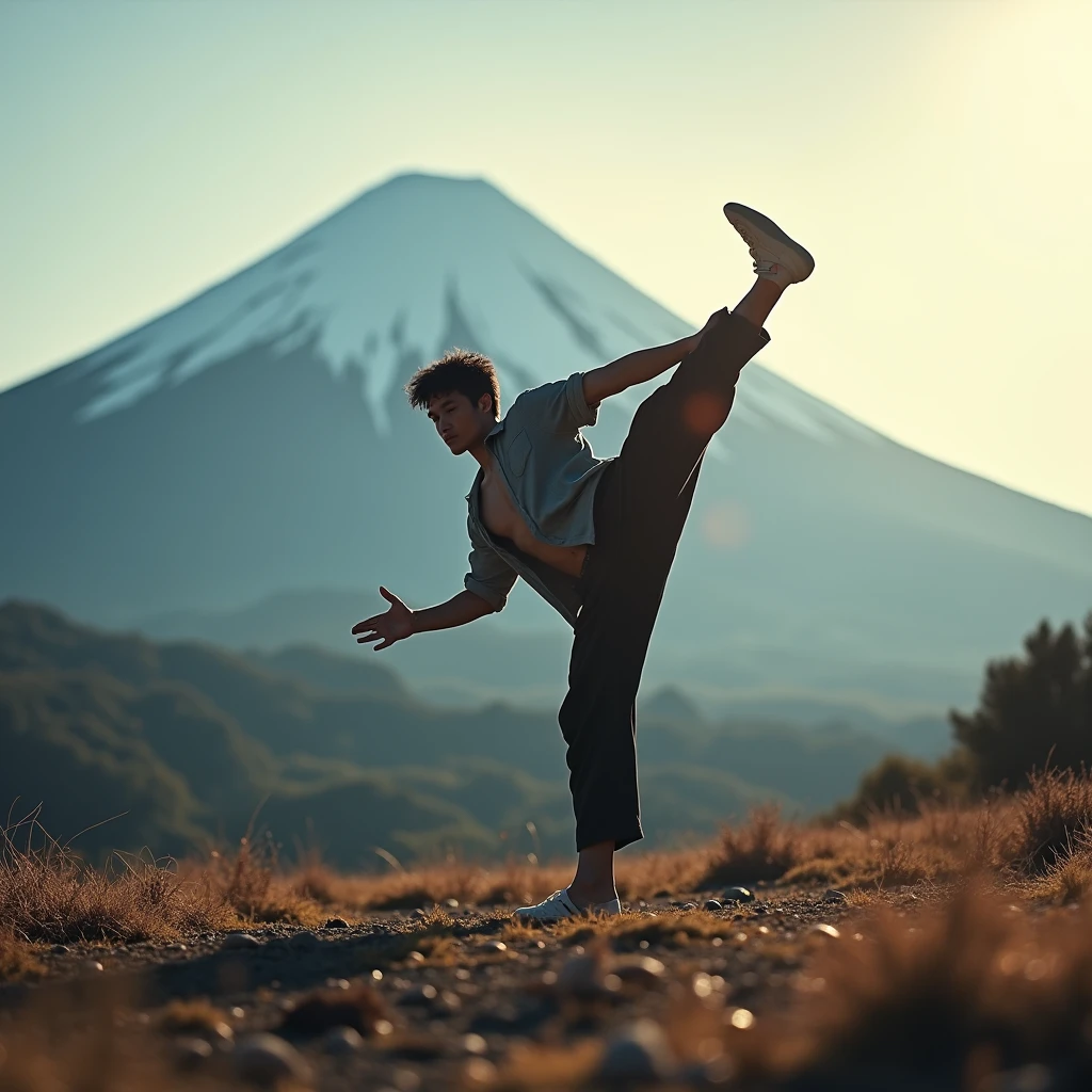 Japanese bboy executing a breakdance freeze in front of Mount Fuji, with the volcano in sharp focus and the background blurred, creating a cinematic atmosphere. The bboy's pose should convey strength and dynamism, contrasting with the serenity of the mountain. dramatic lighting, with sun rays hitting the bboy and Mount Fuji, Enhancing the Scene. Visual Style: アニメ, cinematographic, realisitic.