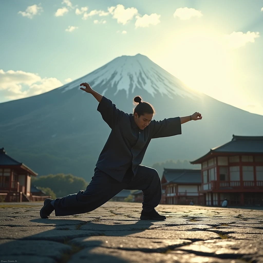 Japanese bboy executing a breakdance freeze in front of Mount Fuji, with the volcano in sharp focus and the background blurred, creating a cinematic atmosphere. The bboy's pose should convey strength and dynamism, contrasting with the serenity of the mountain. dramatic lighting, with sun rays hitting the bboy and Mount Fuji, Enhancing the Scene. Visual Style: アニメ, cinematographic, realisitic.