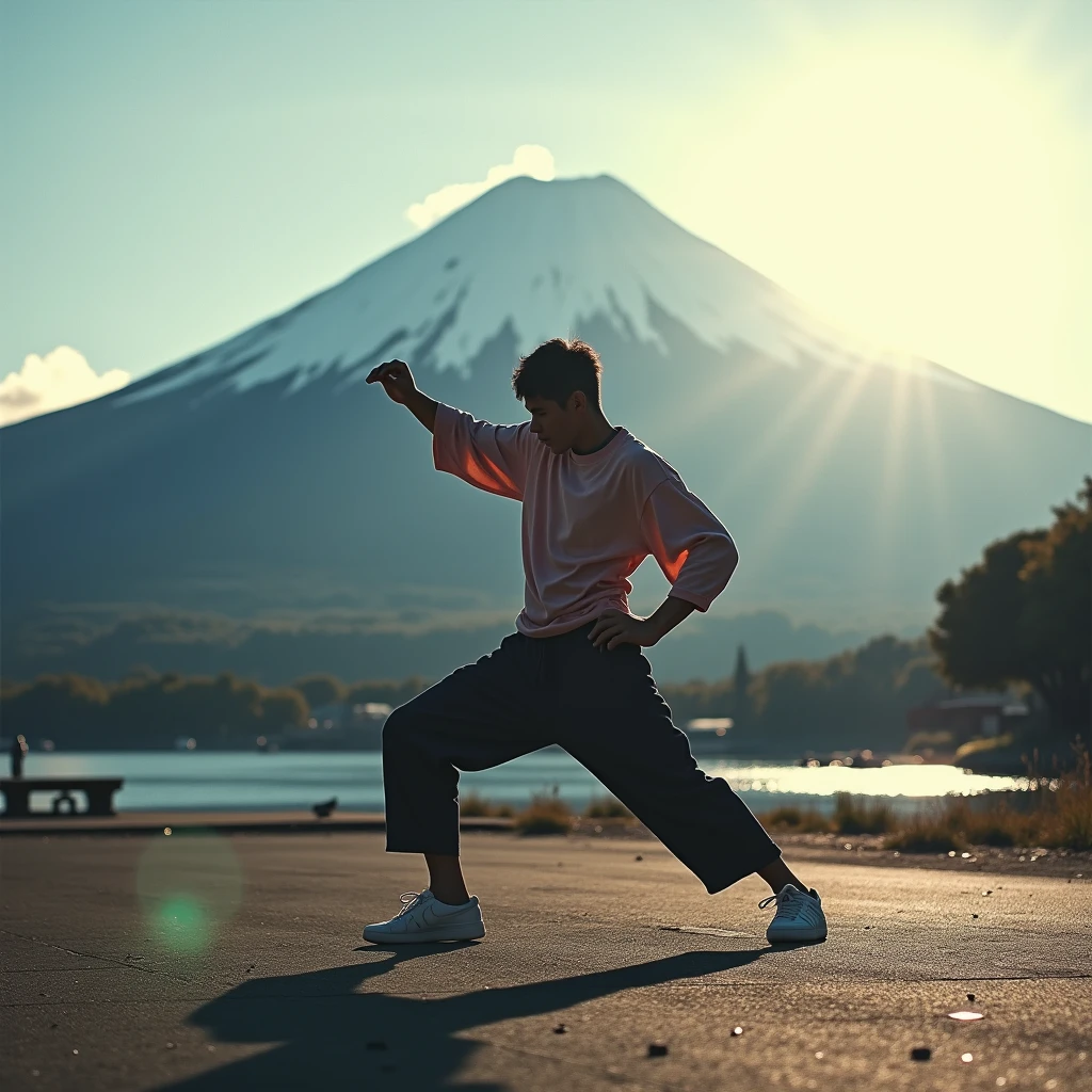 Japanese bboy executing a breakdance freeze in front of Mount Fuji, with the volcano in sharp focus and the background blurred, creating a cinematic atmosphere. The bboy's pose should convey strength and dynamism, contrasting with the serenity of the mountain. dramatic lighting, with sun rays hitting the bboy and Mount Fuji, Enhancing the Scene. Visual Style: アニメ, cinematographic, realisitic.