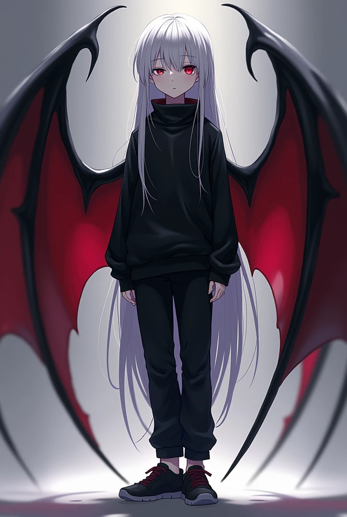 Kizuro is a young boy with a thin and slender body., 1,75 tall, Eyes red, pale skin. He wears a long-sleeved black shirt with a high neck, a black sweatshirt over a shirt, black sweatpants and black sneakers with dark gray soles. Kizuro has black bat wings with red interior on the sides and an extremely feminine face.. His are white and long, reaching past the middle of his back, with strands on each side of the head. Your hair parts into a fringe that covers one of your eyes, more precisely, the left eye.