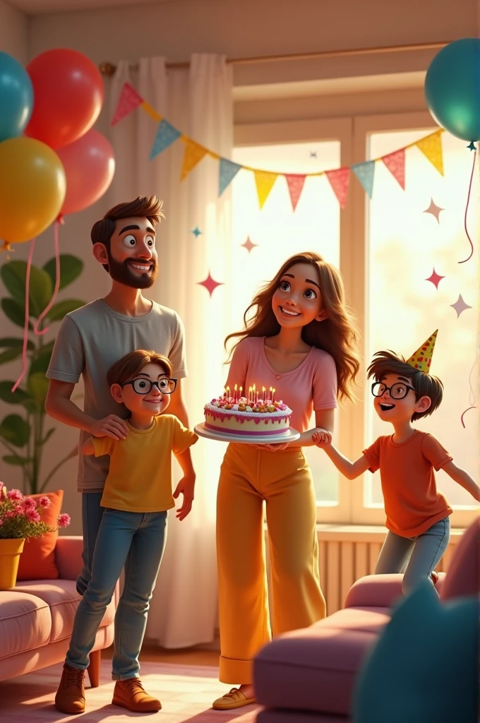 Imagine a Pixar-style scene of a mom with a 15-year-old daughter, a 9-year-old son, and a dad celebrating the mom's birthday.