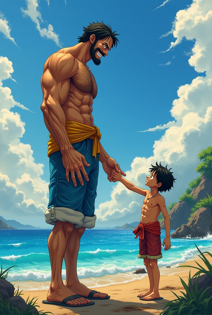 Kid Luffy meet his future self with beard, moustache and masculine body and give hand. Then his future motivate him like 'you can do it"