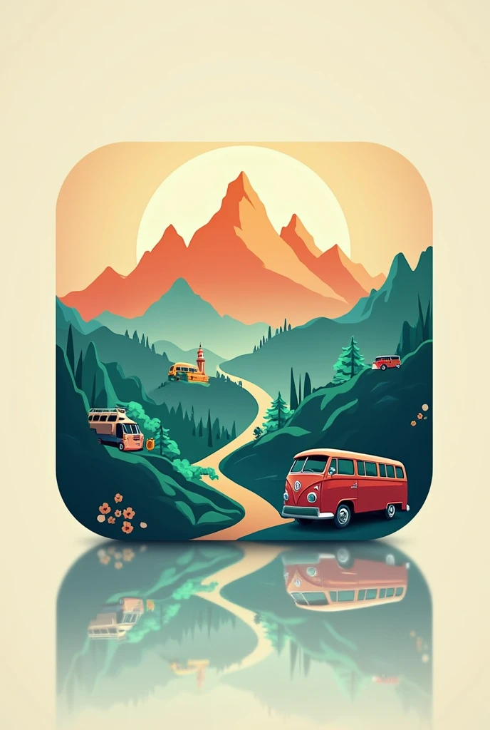Create a attractive and simple app icon and splash screen icon of my tourism app named "Rehla" with color #cbc6bf and #437483 combination in which have some places,mountains,Pakistani buses visuals