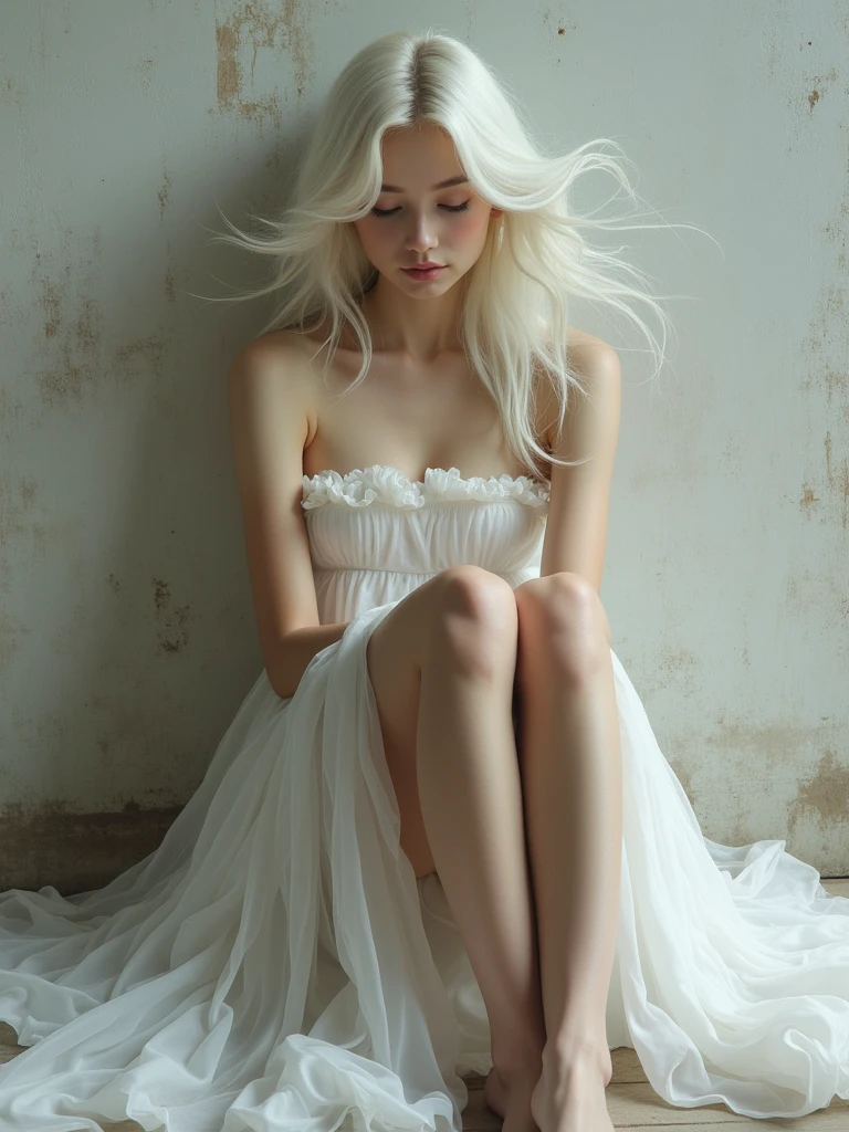 A hypnotizing hyperrealistic digital portrait of an ethereal graceful woman with platinum hair, sitting gracefully against a weathered textured wall. Her gentle, downcast gaze and serene expression create a charming atmosphere. She is wearing a strapless white dress decorated with petal frills, long slender legs and minimalistic shoes, a muted color scheme of white, cream and gray colors creates a delicate atmosphere. This fascinating work of art, which conveys the style of Konstantin Razumov, is a testament to the artist's skill.