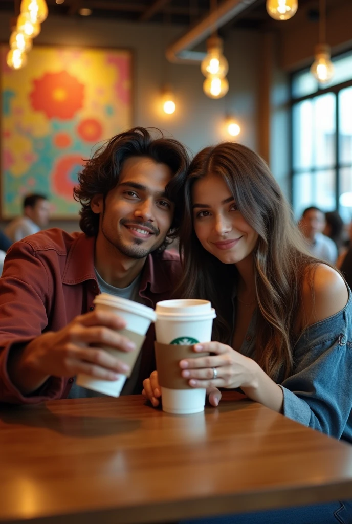 A 21 years old indian handsome boy with medium long hair and seating with his 20 years old beautiful and fair indian girlfriend and both are seeting on a table with their starbucks coffee and taking selfie and both are not smiling and they must be indian