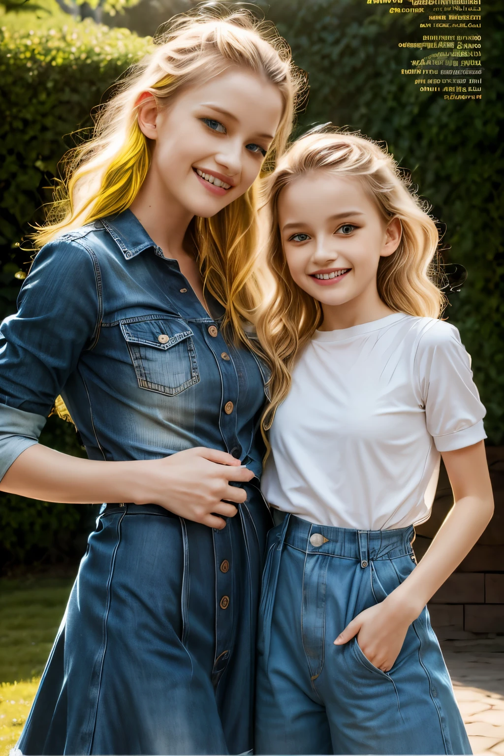 A mother and daughter yellow hair blue eyes on a magazine cover, vibrant colors, high-resolution, realistic portrayal, fashion-forward, loving bond, trendy attire, captivating smiles, natural beauty, professional lighting, contemporary style, artistic composition
