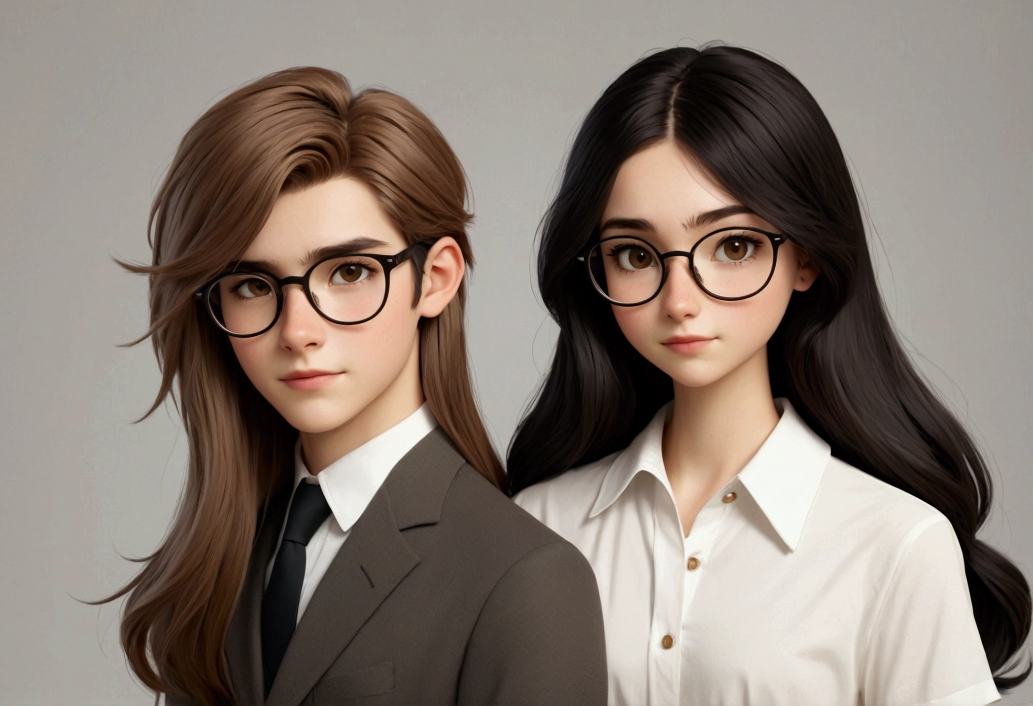 a young heterosexual couple, a tall thin boy with light brown hair and the shorter girl, also white, with black hair with long hair combed to the side with round glasses