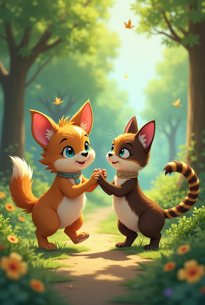 The dog and the cat are walking on the forest path. They look like anime characters but they are not anime characters. And suddenly the dog proposes to the cat.