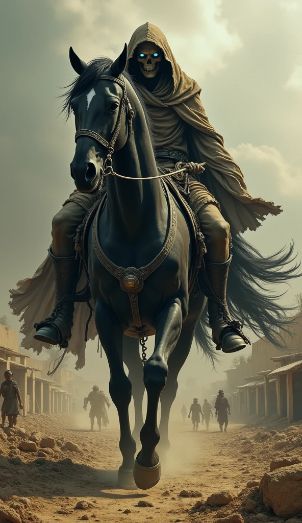 Close-up of the third Horseman of the Apocalypse, representing Famine. He rides a gaunt black horse, holding a set of scales in his skeletal hand. His face is hollow, with sunken cheeks and eyes that reveal the suffering he brings. The land beneath him is barren and cracked, with withered crops, starving people, and empty marketplaces, highlighting the scarcity and despair.