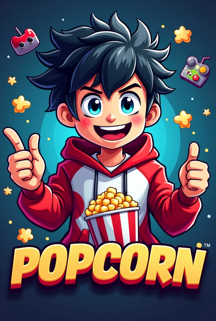 Create a mascot logo where the mascot is a gamer boy with black hair and a red and white sweatshirt with a popcorn design and underneath it have the letters of "popcorn"