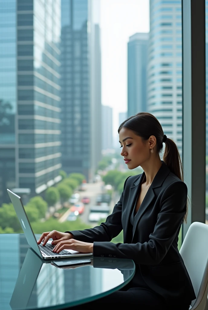 A beautiful business woman and she do work in laptop in her table and in background is very tall building and she wear a black formal suit
