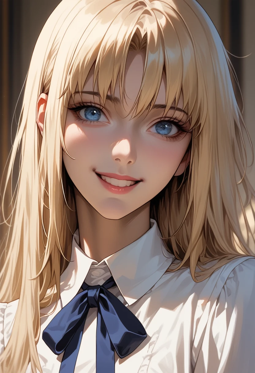 best quality, masterpiece, highres, 独奏, (sabias_fatestaynightufotable:1.10), 1girl, white shirt, style parody, neck ribbon, 8k, upper body, looking at viewer, アニメ_style, Blue eyes,gold hair,smile,Close to the camera angle、downtown,masterpiece