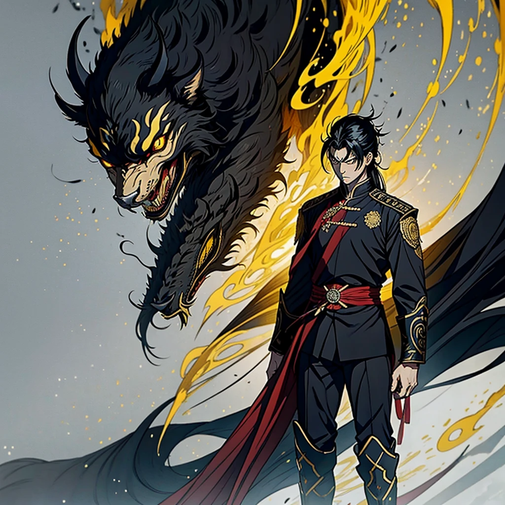 vampyre. naughty man. Youngh. Golden eyes. yellow eyes. Bblack hair. stark. Cao Cao. Japanese Imperial General's uniform. standing alone. standing alone. alone.