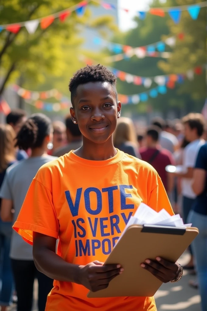 A person with a shirt that says vote is very important.