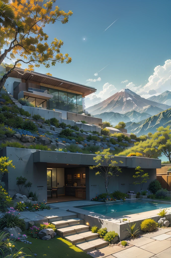 small and beautiful modern house in top of big boulders, terraces, pool, stairs, multiple cacti gardens, palms, trees, rocks, beautiful landscape design, mountains and volcano y background, amazing clouds, sun, moon, planets, milky way galaxy, concrete, wood, glass and steel materials, olive green, violet, orange and withe colors in facade