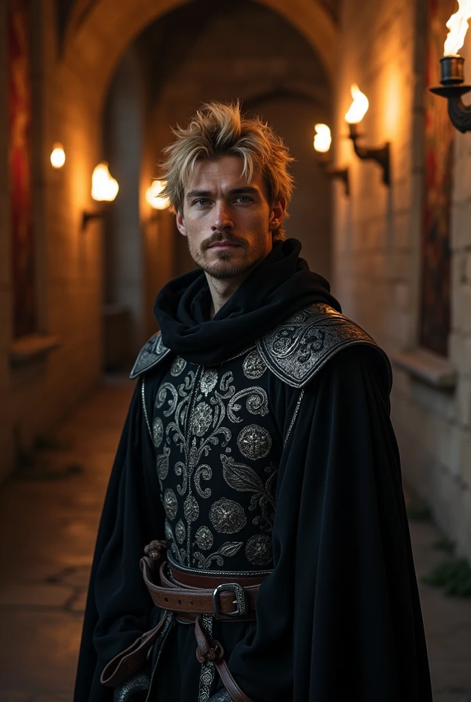 31 year old blond man in black medieval clothes and a big nose