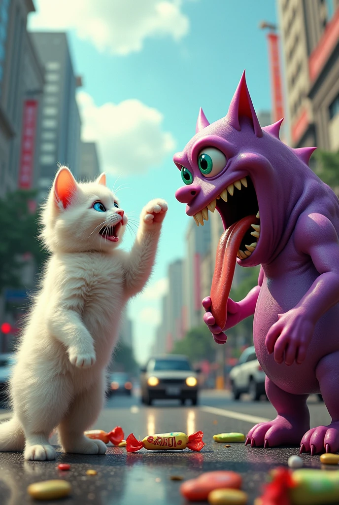 Picture a chaotic yet humorous scene on a busy city highway. On one side, a fluffy, white cat with large, bright blue eyes is standing on its hind legs, mouth wide open in shock or surprise. Its paw is raised as if pointing at something unbelievable. On the other side, a goofy, exaggerated monster with purple, dripping skin, large green eyes, and a ridiculously long tongue hanging out is mimicking the cat’s gesture, also pointing back at it. The monster's expression is less menacing and more playful, adding to the comedic tension. The background is a vibrant city highway filled with cars, and scattered around are colorful, quirky items like candy, toys, and other oddities, suggesting a surreal, light-hearted confrontation rather than a serious one.