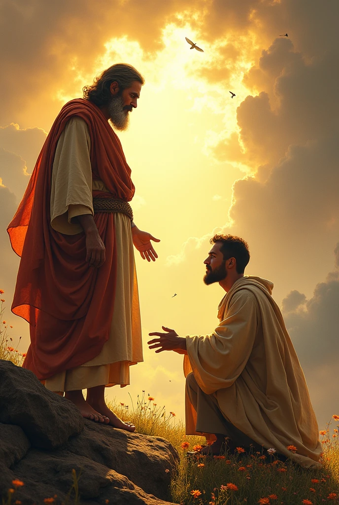create an image of the moment when the prophet Elijah passes his mantle over Elisha identifying his calling