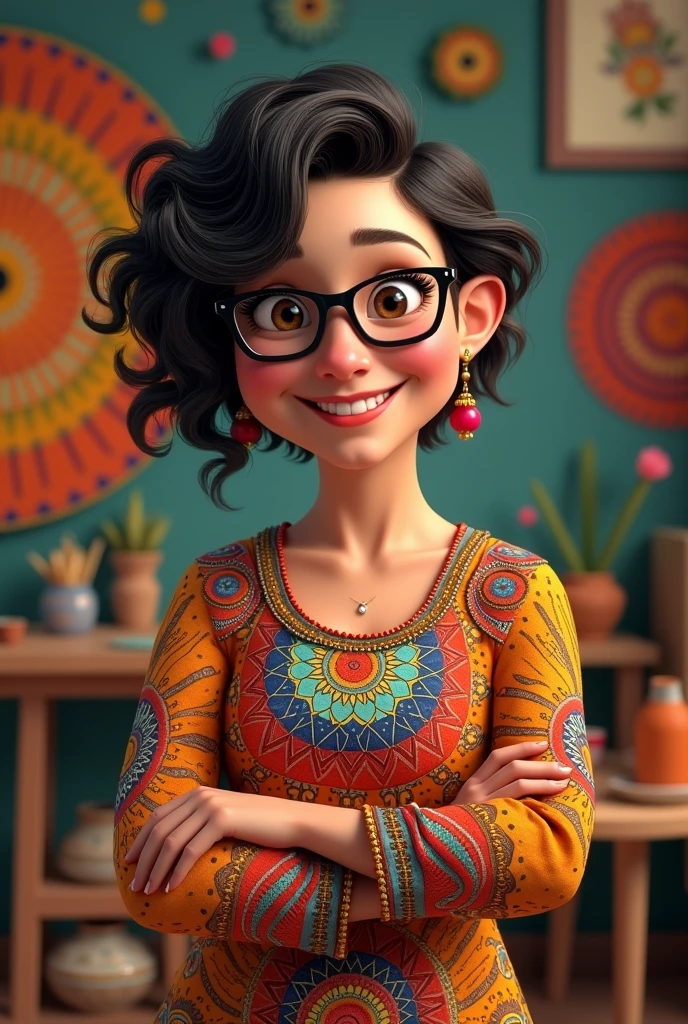 Pixar-inspired 3D poster capturing scene with a 55 year old woman, medium and square black glasses, light brunette, long eyelashes, small and chubby nose, wrinkle between the eyebrows, arched eyebrows, square chin, overweight, chubby, chubby arms , slightly full lips, full breasts, smiling, black hair, very black and full of curls, and short on the sides, hair all curly, full of curls, shaved neck and long bangs on the sides with curls, very long with curls, with a cut asymmetrical pixie in which one side is very short and the left side is longer, long, wide and colorful dress with geometries, atelier with mandalas, a beautiful mole on the upper lip, between the nose and mouth