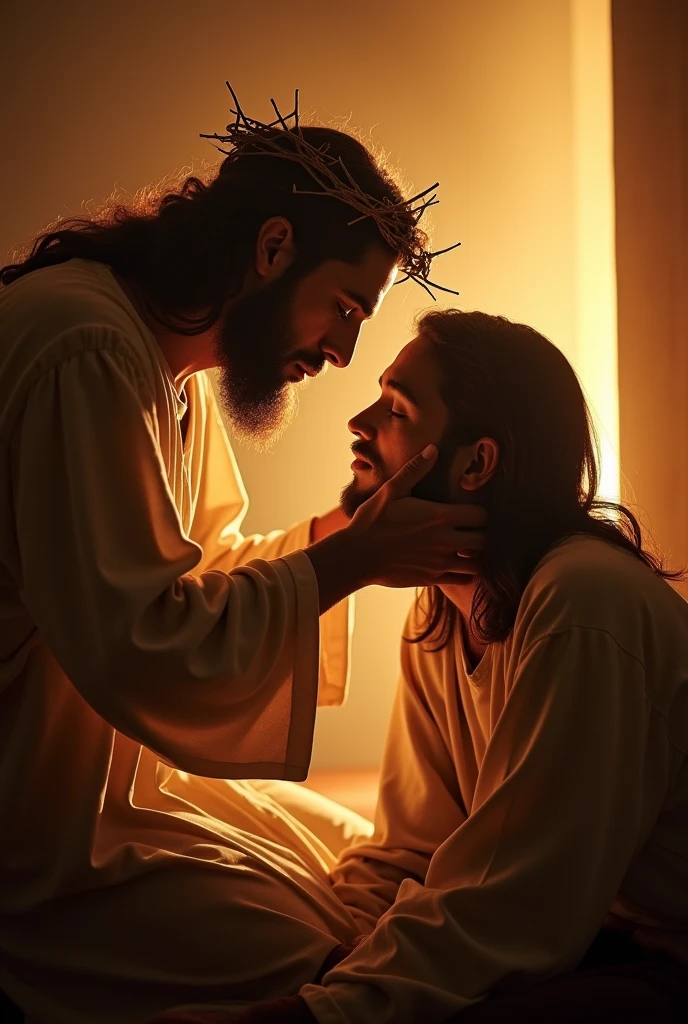 A solemn and compassionate image of Jesus Christ wearing a crown of thorns, gently placing His hand on the head of a person who is praying. The person is kneeling with their eyes closed, looking peaceful and reverent. Jesus has a serene expression, radiating empathy and divine presence. The background is softly lit, with a subtle, warm glow that enhances the sacred atmosphere, creating a spiritual and comforting scene.