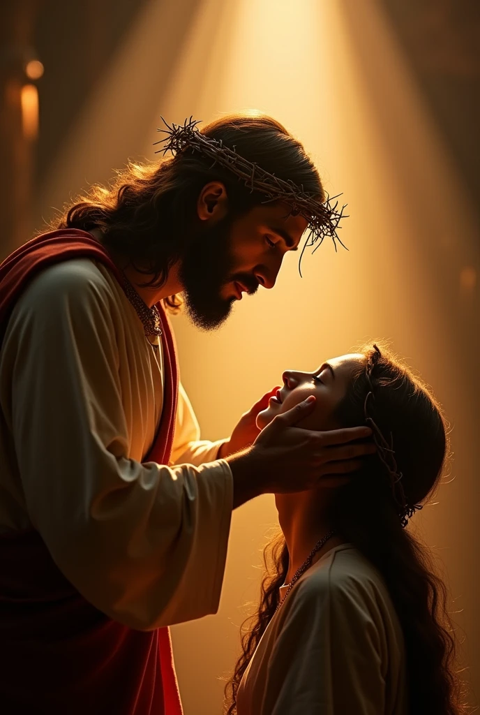 A solemn and compassionate image of Jesus Christ wearing a crown of thorns, gently placing His hand on the head of a person who is praying. The person is kneeling with their eyes closed, looking peaceful and reverent. Jesus has a serene expression, radiating empathy and divine presence. The background is softly lit, with a subtle, warm glow that enhances the sacred atmosphere, creating a spiritual and comforting scene.