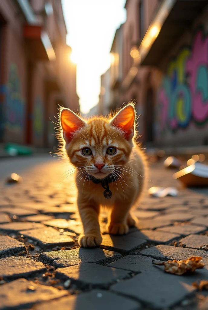 A anime poor yellow cat in the street searching for food