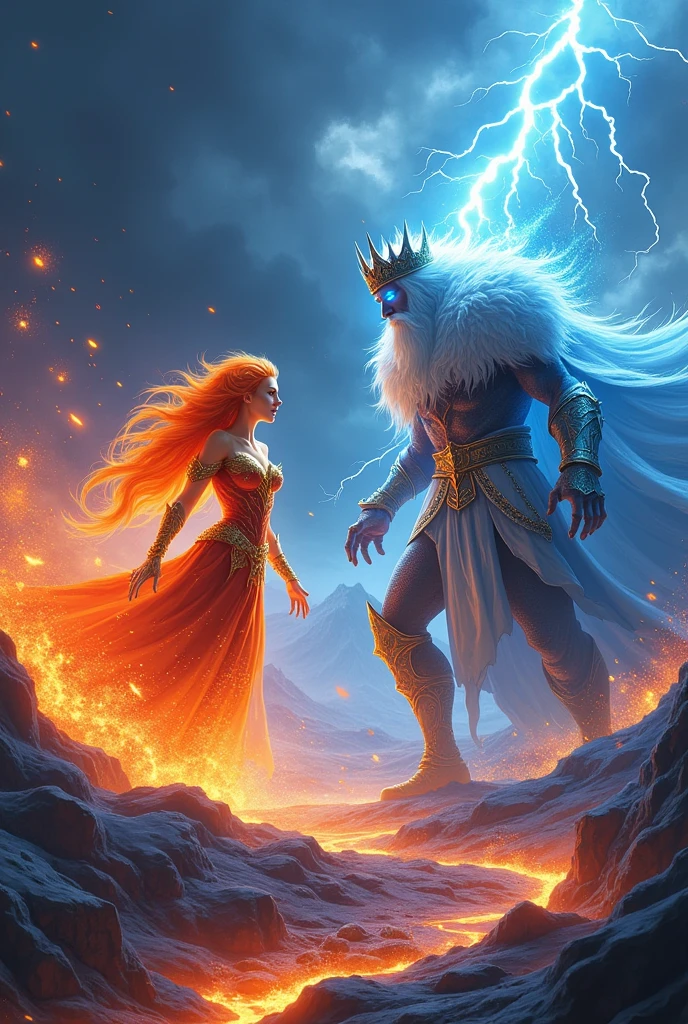I want you to make an ice king and a flame princess like Sukuna vs Gojo from the anime Jujutsu Kaisen.