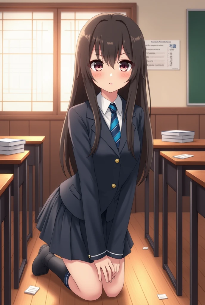Japanese girl in a school uniform on all fours.